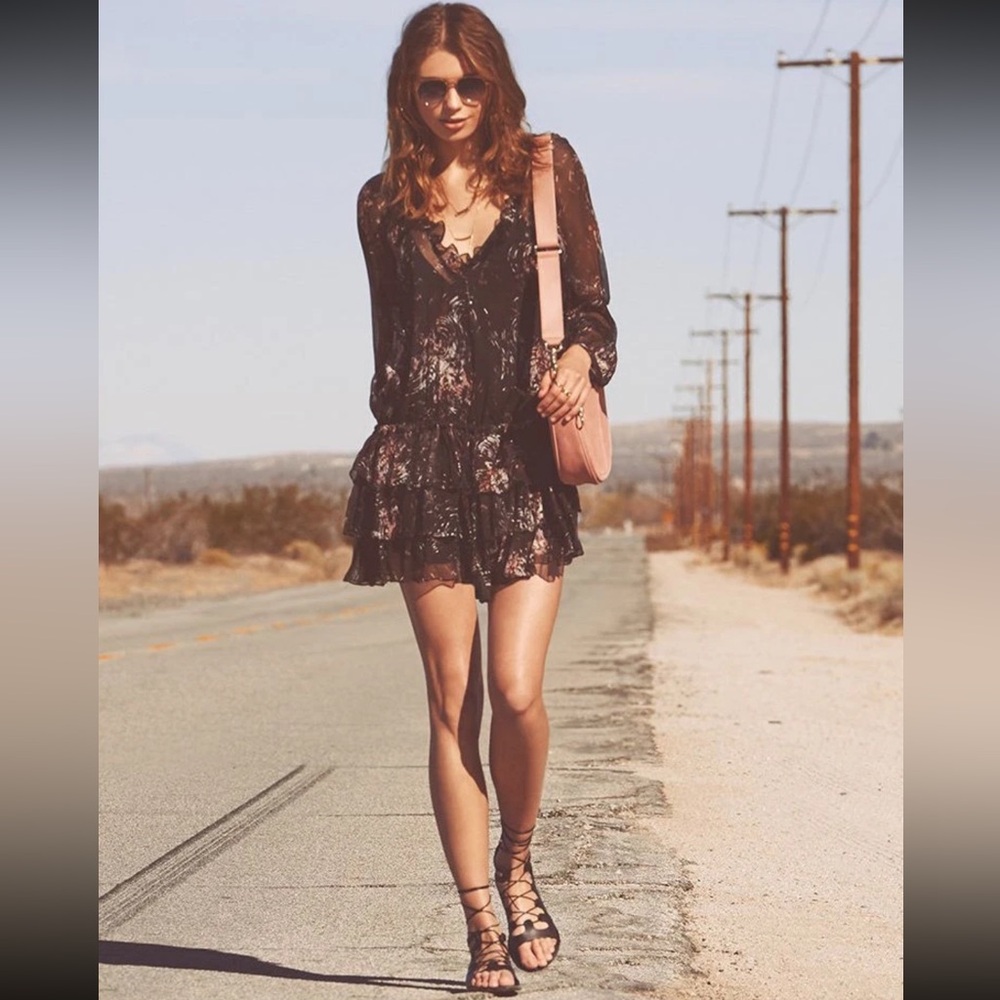 Elizabeth and James Layered Silk Ruffle Tiered Mini Dress Boho Festival Sheer